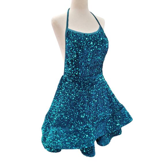 NWT Teal Halter Scoop Neck Sequin Short Dress - Picture 11 of 13